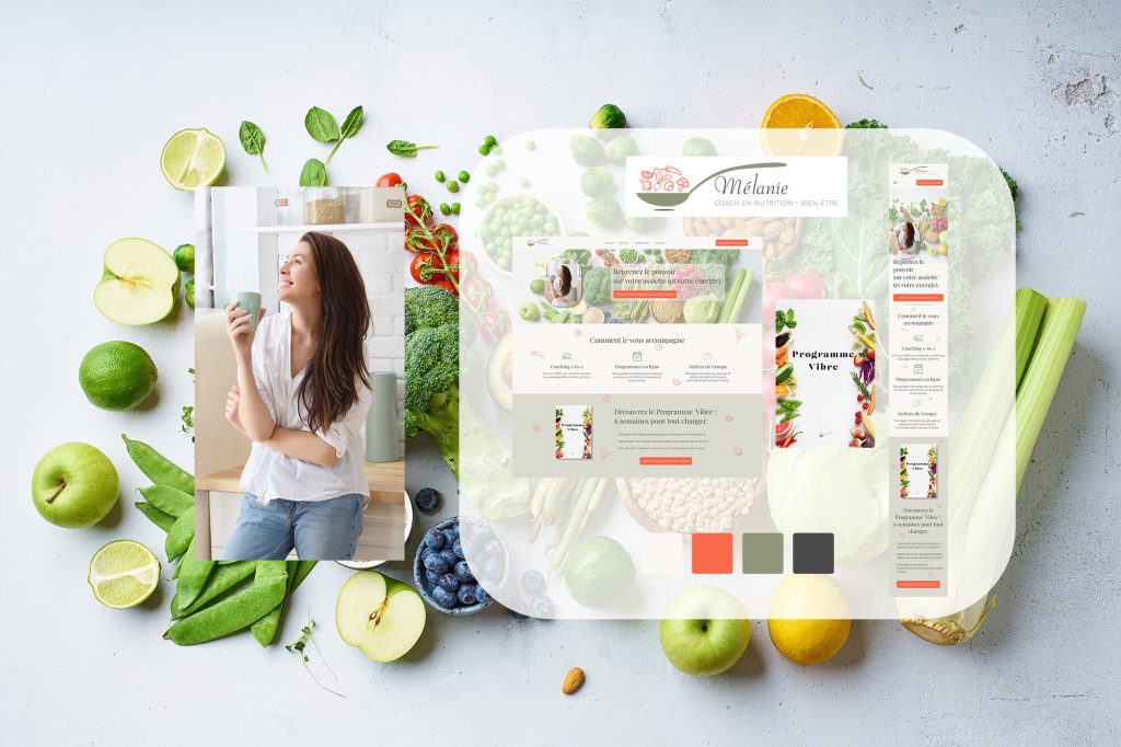 Composition graphique du projet web pour Mélanie, coach en nutrition, montrant son portrait, son nouveau logo, sa palette de couleurs et une capture de la maquette Figma de son site.