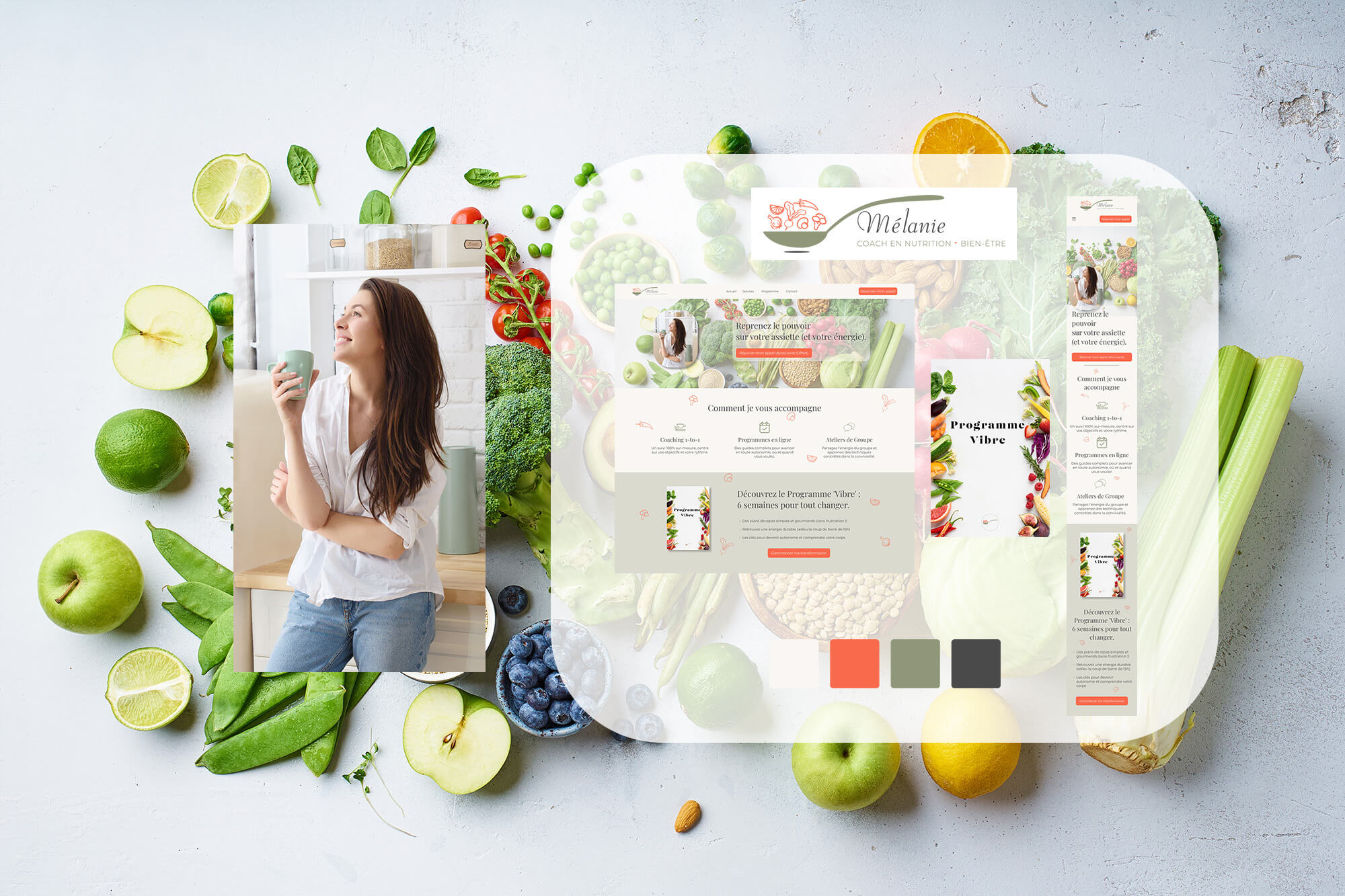 Composition graphique du projet web pour Mélanie, coach en nutrition, montrant son portrait, son nouveau logo, sa palette de couleurs et une capture de la maquette Figma de son site.